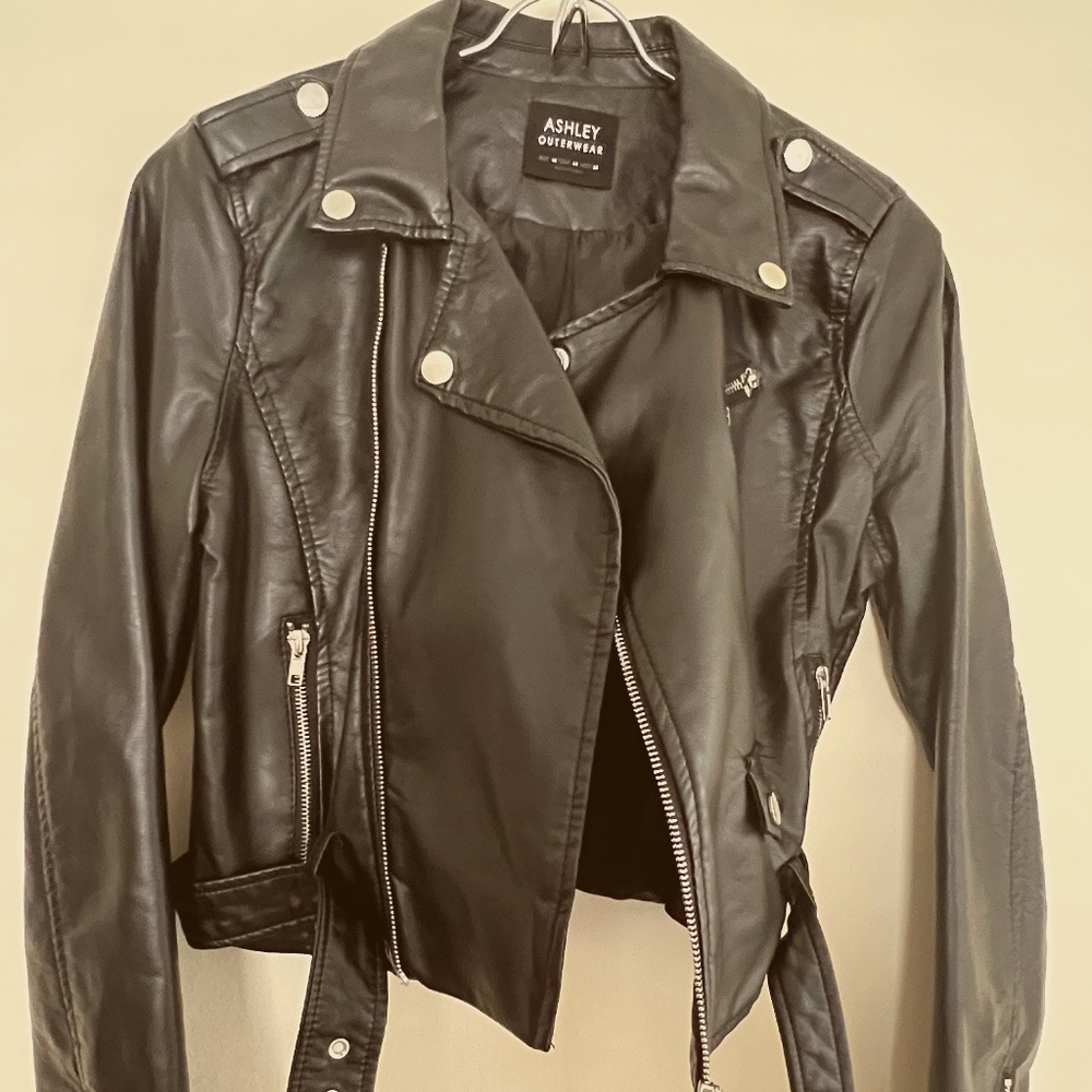 Ashley Outerwear: Black Faux Leather Jacket Silver Zippers Lightly Used